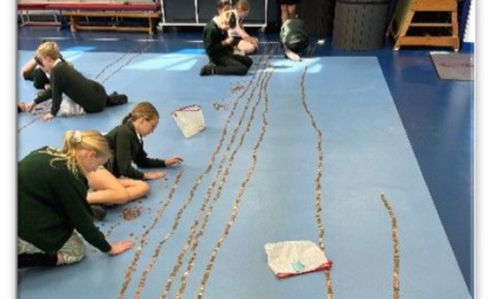 Children lining up coins