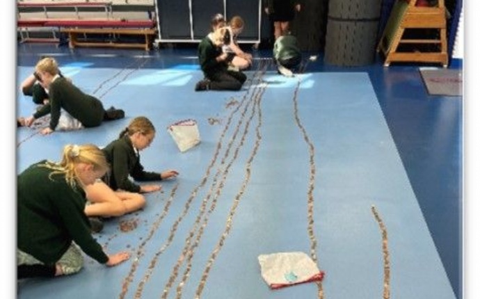Children lining up coins